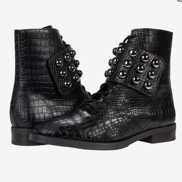 SCHUTZ Marieta Croc Embossed Leather Booties In Black Size 9 B - Picture 1 of 15
